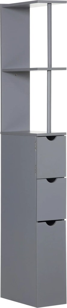HOMCOM Modern Fürdőszobai Segédoszlop Szürke Fürdőszekrény 2 Polccal, 2 Fiókkal és 1 Felborulásgátló Ajtóval 15x33x136.5 cm | Aosom