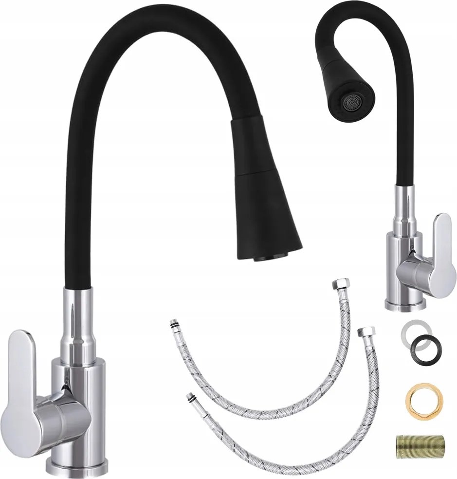 Konyhai Mosogató Csaptelep Fekete Flexibilis Kifolyócső 2 Funkciós Króm