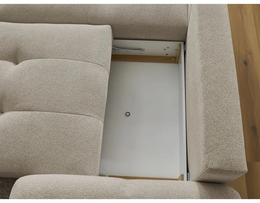 Bézs zsenília kinyitható-tárolóhelyes sarokkanapé (bal oldali-heverő résszel) Roxelane – Bobochic Paris