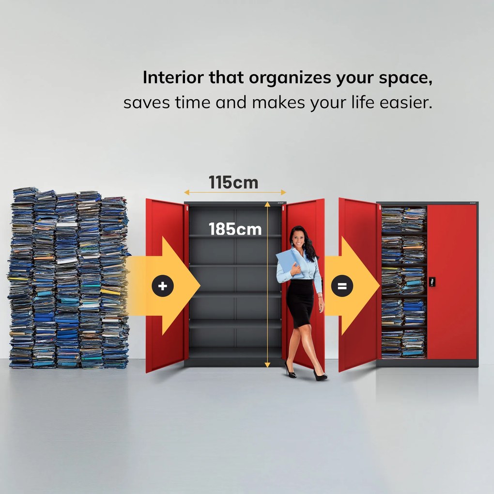 Fém iratszekrény JAN II, 1150 x 1850 x 400 mm, antracit-piros