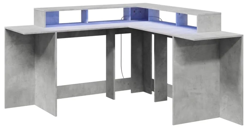 betonszürke szerelt fa íróasztal LED-világítással 152x152x91 cm