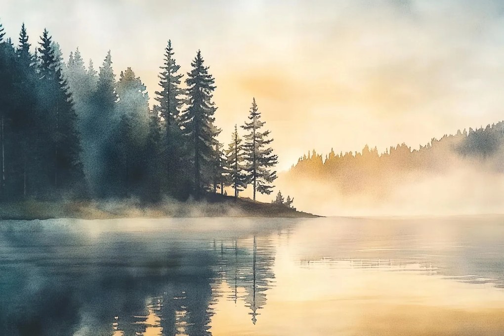 Fotótapéta Flizelina Tájkép Tó Erdő Fák Köd Reggel 312x219 ragasztó