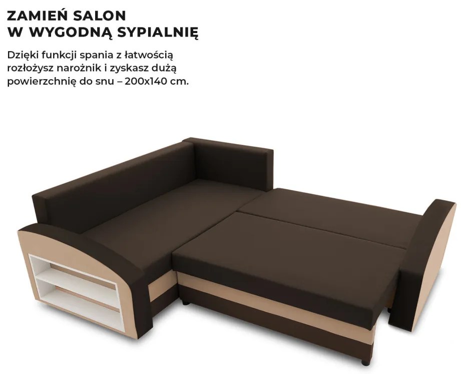 Grande sarokkanapé polcokkal , polc a bal karfaban, baloldali, szövet anyag, bonell töltet, barna