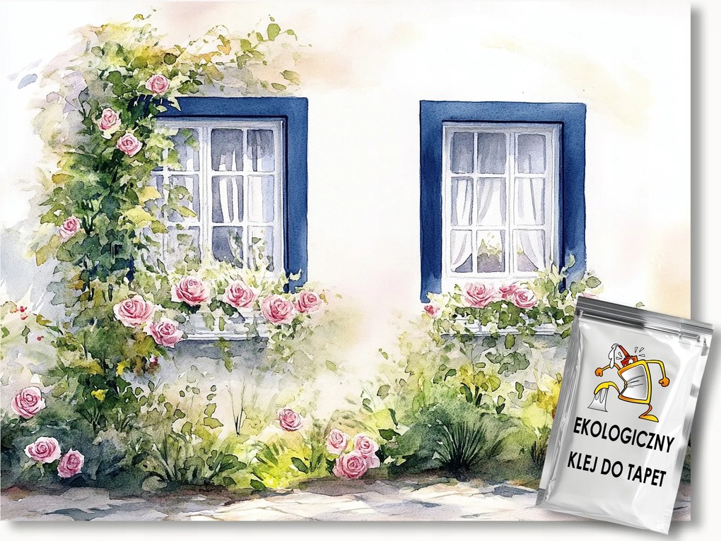 Fotótapéta Flizelina Fal Ablak Kert Bokrok Virágok Rózsák 152,5x104 ragasztó