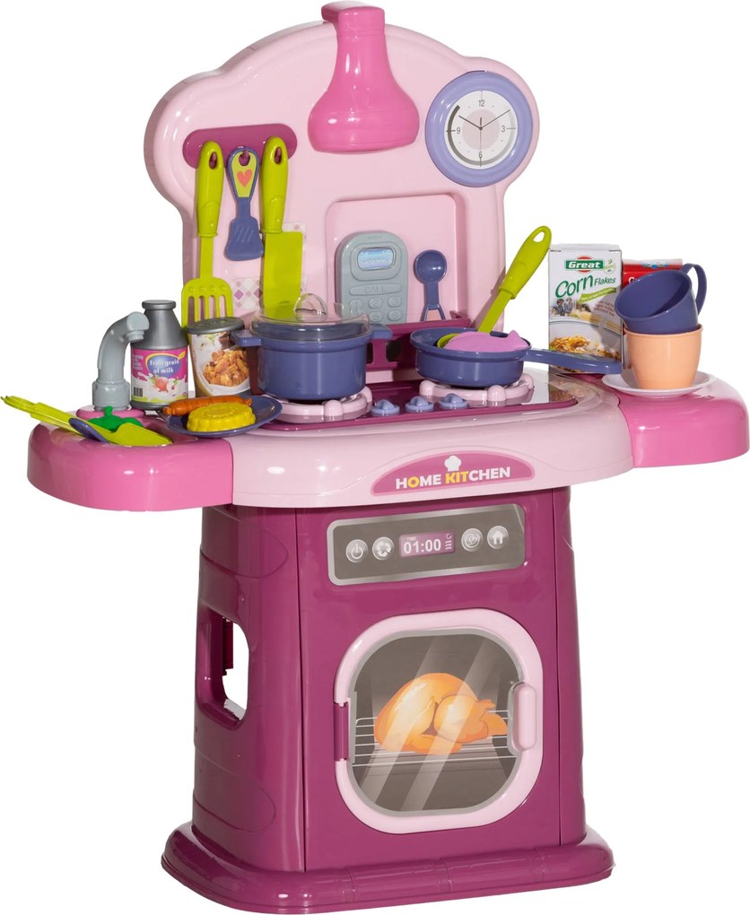 AIYAPLAY Gyerek Konyha Játék Készlet 38 DB - 3-6 éveseknek valósághű fényekkel és hangokkal, Rózsaszín | Aosom