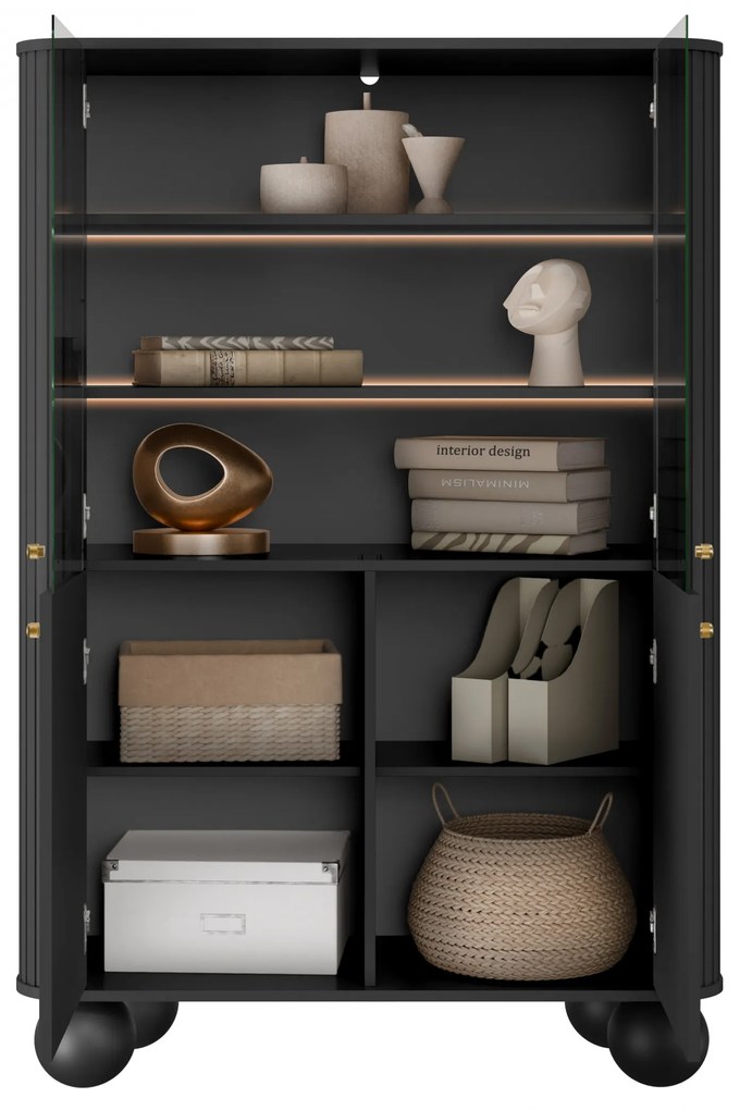 Vesper vitrin 103 cm - fekete / arany fogantyúk / gömb lábak