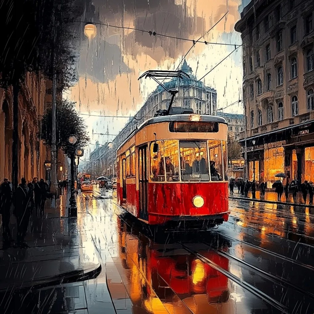 Vászonkép Canvas Város Utca Eső Villamos Közlekedés Utazás 80x80