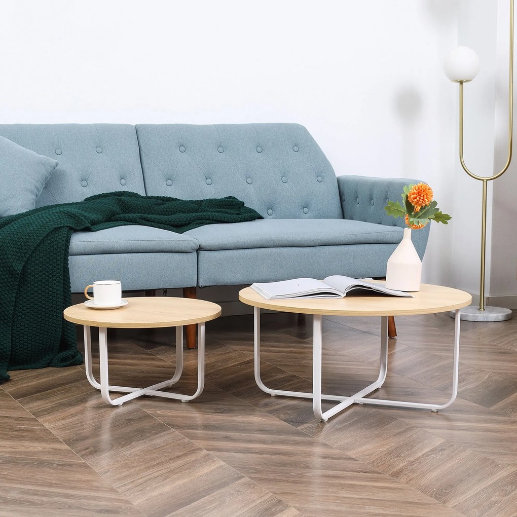 HOMCOM 2 darabos Kerek Asztal Szett Ø65x32 cm és Ø45x26 cm Fa Toppal és Fém Lábakkal | Aosom