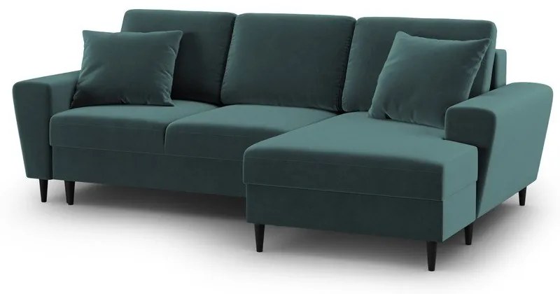 Petróleum színű bársony kinyitható tárolóhelyes sarokkanapé (jobb oldali-heverő résszel) Kyoto – Cosmopolitan Design