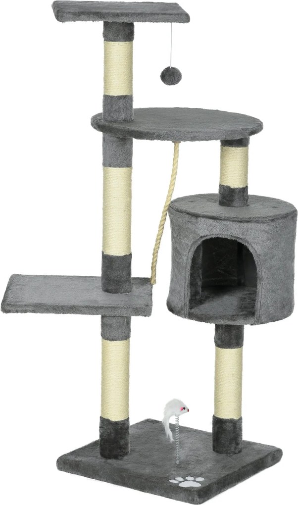 PawHut Macska Kaparó 116 cm Magas Macska Fa Mászótorony Játékos Sziszál Kaparó Oszlopokkal, Kényelmes Barlanggal, Platformokkal és Szórakoztató Függő