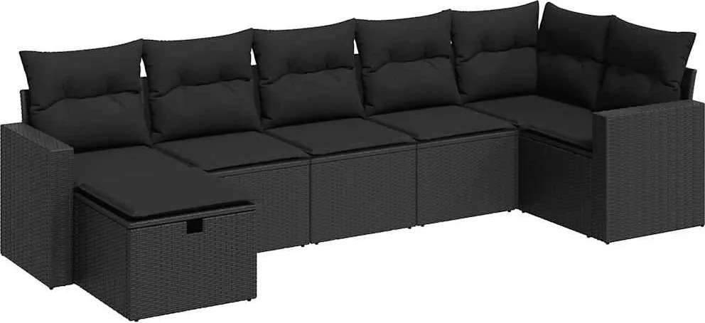 vidaXL 7 részes fekete polyrattan kerti ülőgarnitúra párnával