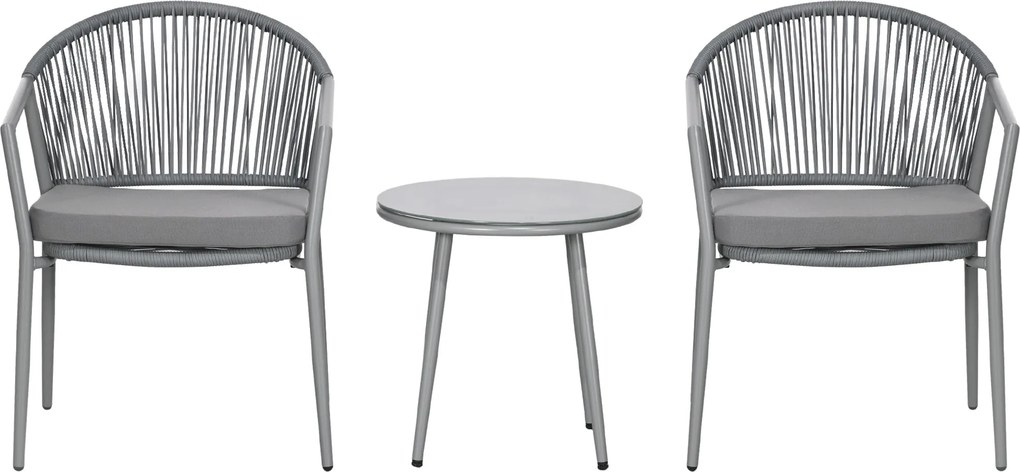 Outsunny 3 Részes Rattan Bistro Szett, Ülőgarnitúra, Kertibútor Két Kerti Székkel, Kávézóasztallal, Erkély Bútor Szett Kerthez, Teraszhoz, Acél, Szürk