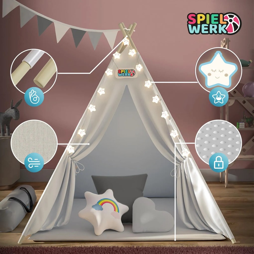 Spielwerk® Teepee gyereksátor 160x120x120cm - fehér