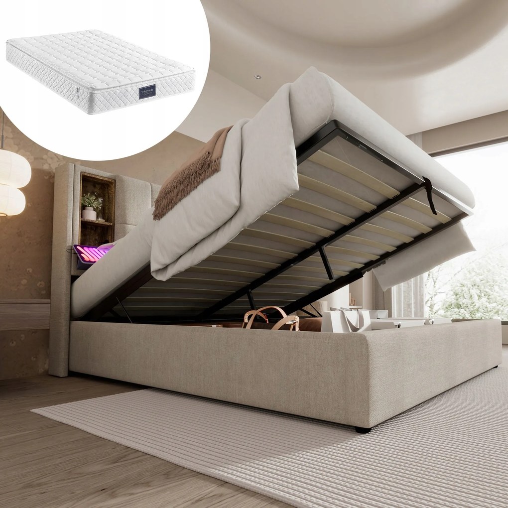 Franciaágy Kárpitozott ágy Usb-c Hidraulikus 140x200 Bézs+matrac