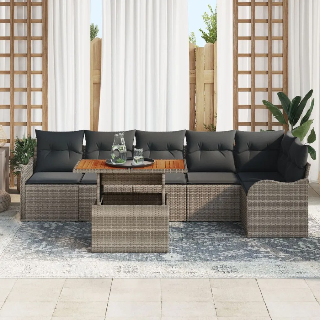 7 darabos kerti kanapé szett párnákkal szürke poly rattan akác, 2 személyes kerti kanapé párnákkal szürke poly rattan