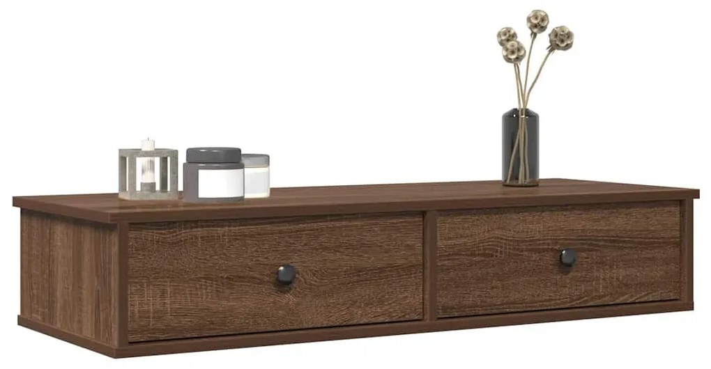 barna tölgy szerelt fa falipolc fiókokkal 100 x 37,5 x 19 cm