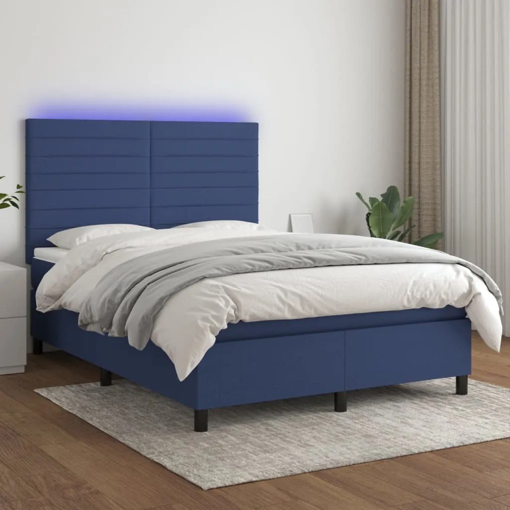 kék szövet rugós és LED-es ágy matraccal 140x190 cm