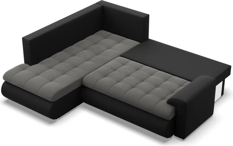 Tokio sarokkanapé, L alakú háttámlával, 2 ágyneműtartóval, bársony + műbőr, baloldali, szürke - fekete