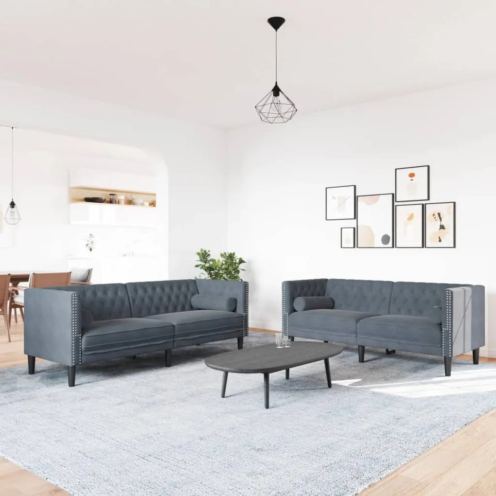 2 részes sötétszürke bársony Chesterfield kanapészett párnákkal