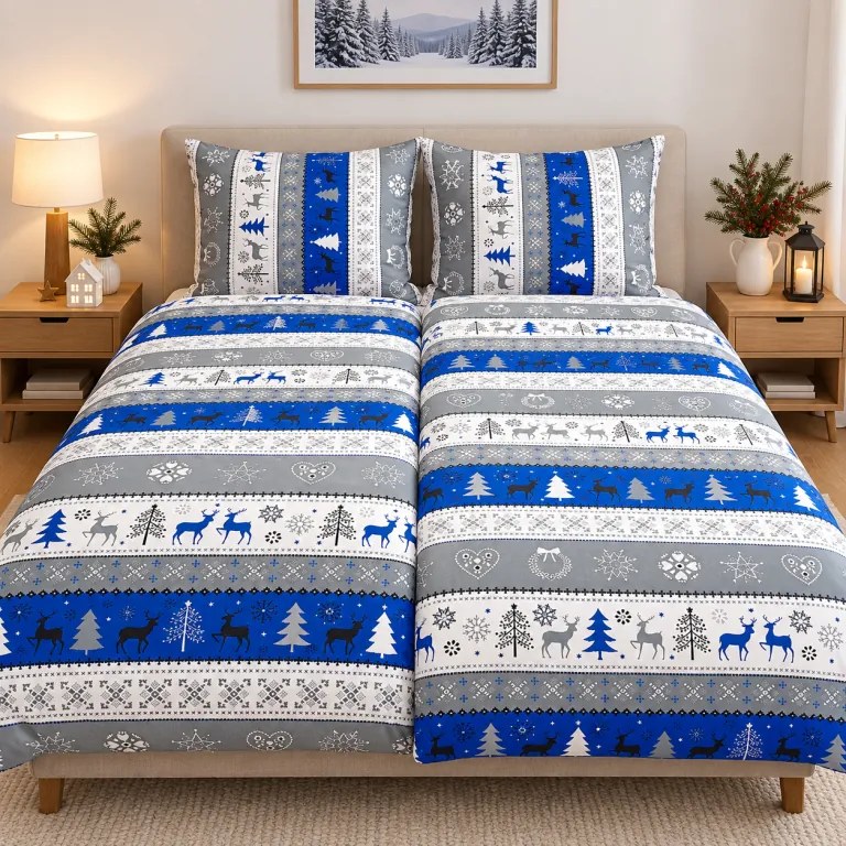 Karácsonyi kék Christmas pamut ágyneműhuzat TiaHome - 1x Párna 90x70cm, 1x Paplan 140x200cm