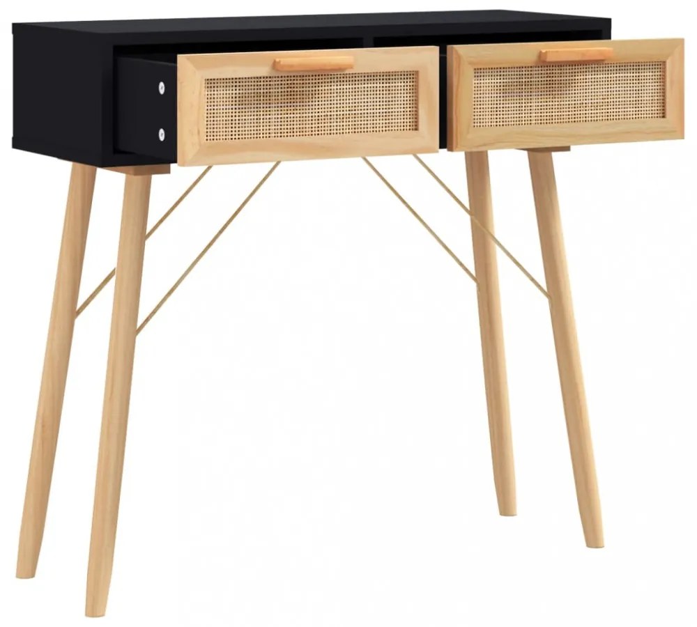 fekete tömör fenyő és természetes rattan tálaló 80x30x75 cm
