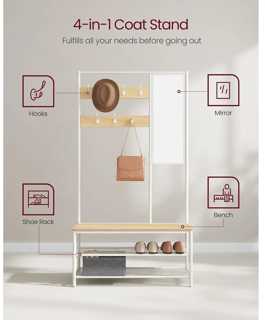 Kabáttartó állvány cipőtárolóval, előszobafal tükörrel és cipőspolcokkal 35x98x180 cm, tölgy színű és fehér
