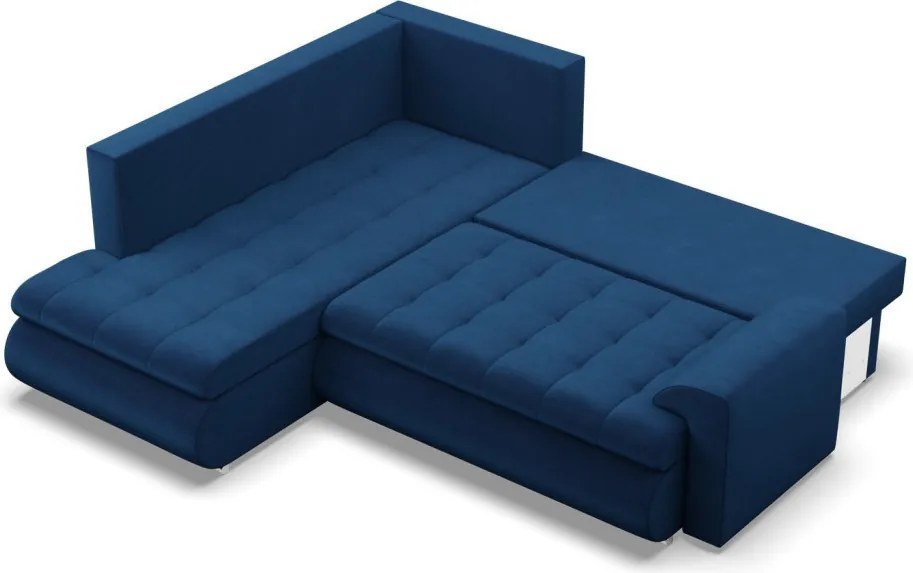 Tokio sarokkanapé, L alakú háttámlával, 2 ágyneműtartóval, bársony, baloldali, kék