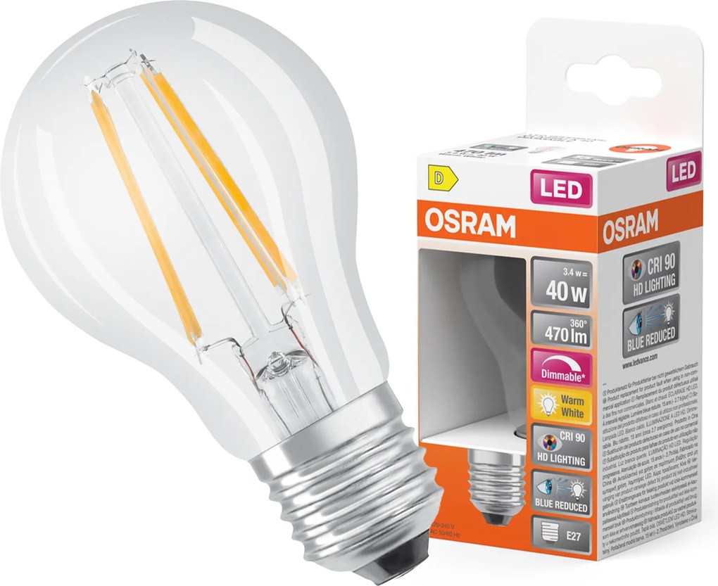 Led izzó A60 E27 3.4W 40W 2700K Meleg CRI90 300° Filament Tompítható