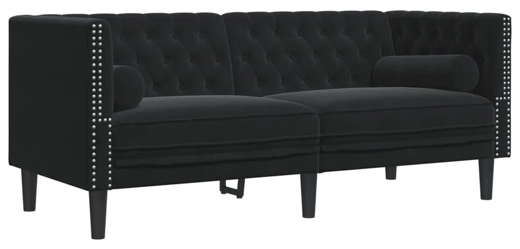 2 részes fekete bársony Chesterfield kanapészett párnákkal
