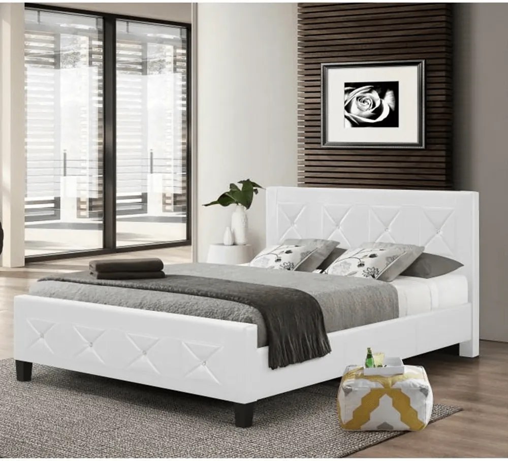 Dupla ágy ágyráccsal, textilbőr fehér, 160x200, CARISA