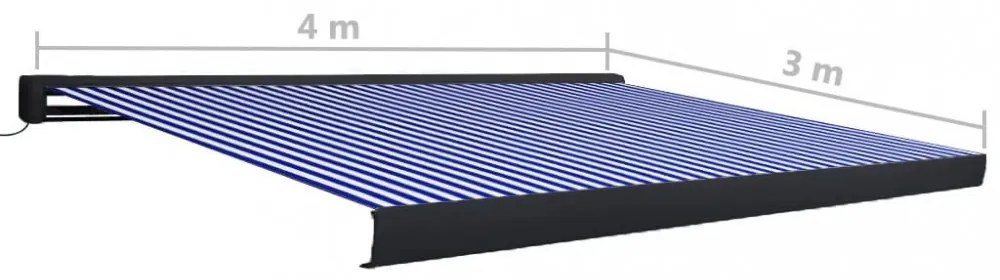kék és fehér motorizált kazettás napellenző 400 x 300 cm
