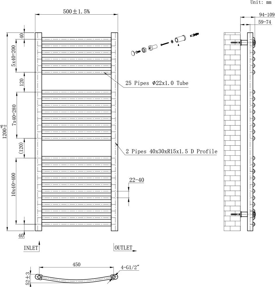 Íves törölközőszárító radiátor 1200x500 mm fekete
