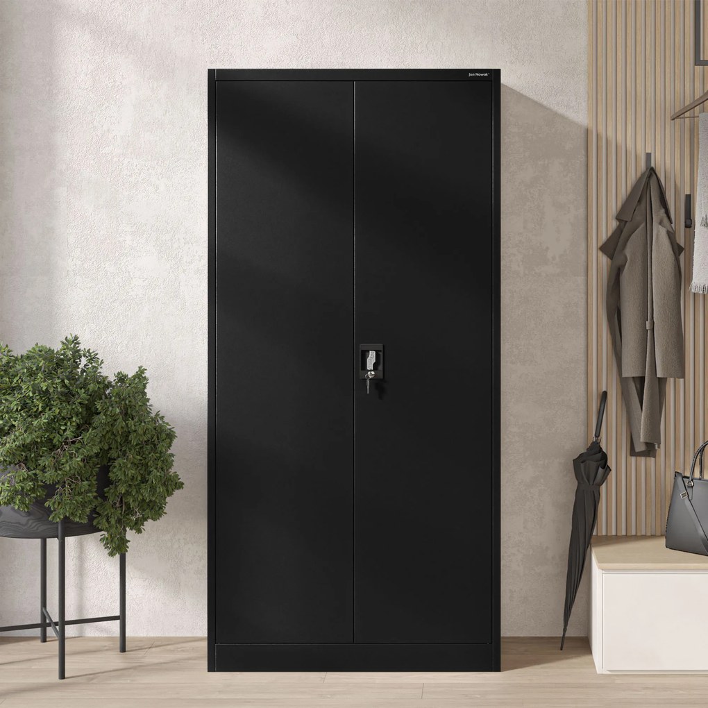 Fekete, rúddal ellátott, multifunkcionális fém szekrény, 900x1850x450 mm: DAWID All Black