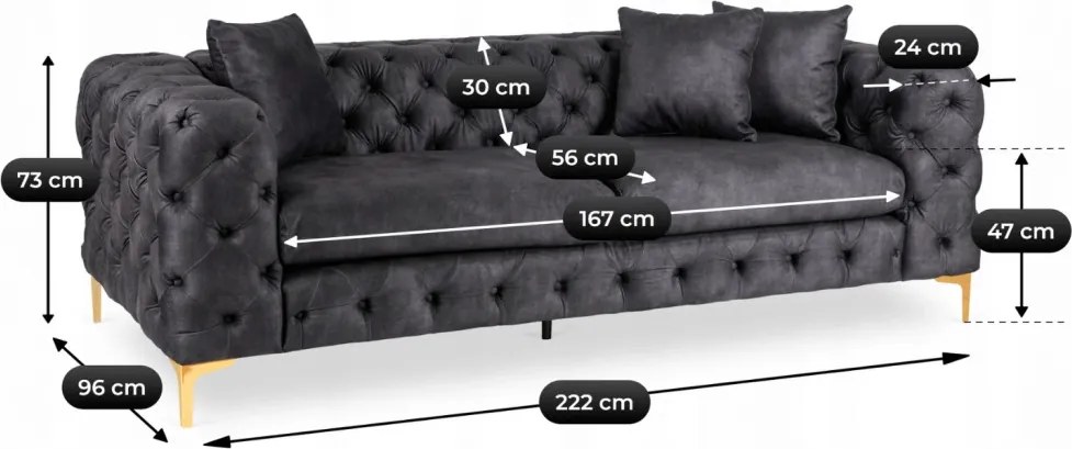 Sofa SORRENTO 3S Trzyosobowa Czarna Welurowa
