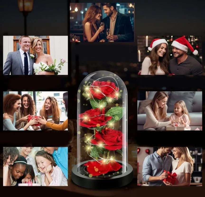 Örök rózsák üvegben LED világítással - Eternal Rose - 3 db