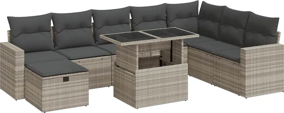 vidaXL 9 részes világosszürke polyrattan kerti ülőgarnitúra párnával