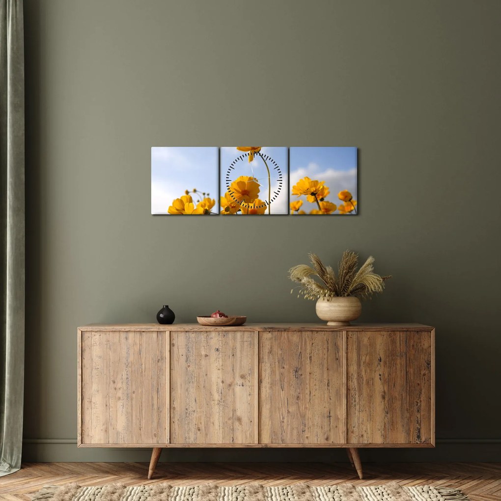 Fényes sárga virágokkal rendelkező mező képe (órával) (90x30 cm)