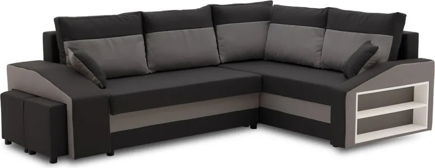 Grande sarokkanapé polcokkal és puffokkal , polc a jobb karfaban puffok a bal karfaban, jobboldali, szövet anyag, bonell töltet, fekete - szürke