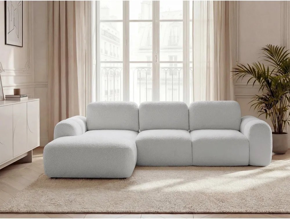 Világosszürke buklé kinyitható-tárolóhelyes sarokkanapé (bal oldali-heverő résszel) Montaigne – Bobochic Paris