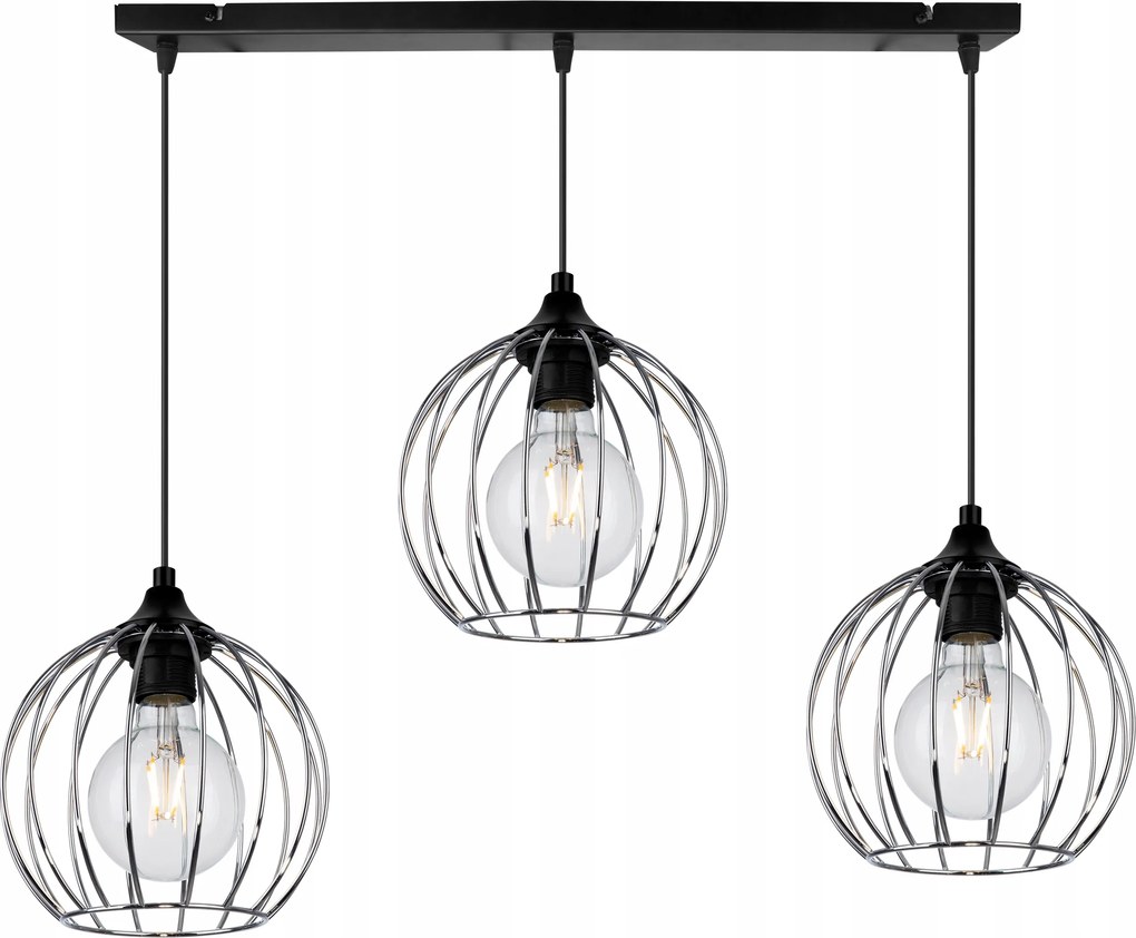 Mennyezeti Lámpa Függeszték Csillár Hármas Díszléc Fekete Ezüst Króm Gömbök