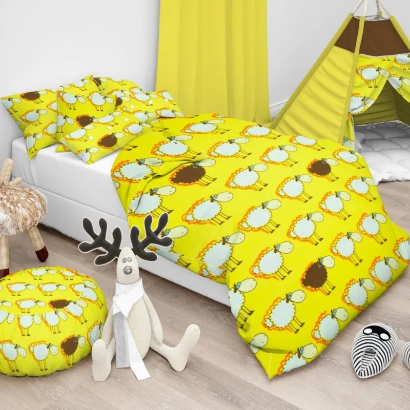 Sárga Bárány gyerek pamut ágyneműhuzat TiaHome - 1x Párna 90x70cm, 1x Paplan 140x200cm