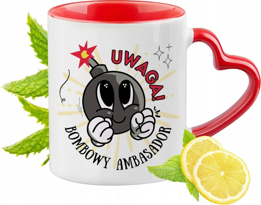 Piros bögre szív alakú füllel a nagykövetnek ajándékba