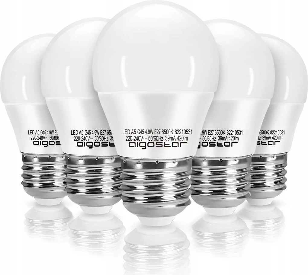 5x Led izzó E27 Aigostar 4,9W=37W 420lm 6500K Hideg