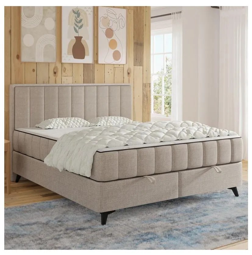 Kárpitozott ágy matracokkal és topperrel, tárolóhellyel ALICIA 140x200 cm bézs