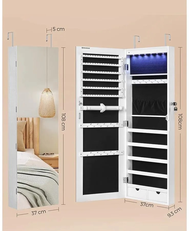LED ékszertartó falra vagy ajtóra szerelhető, fehér