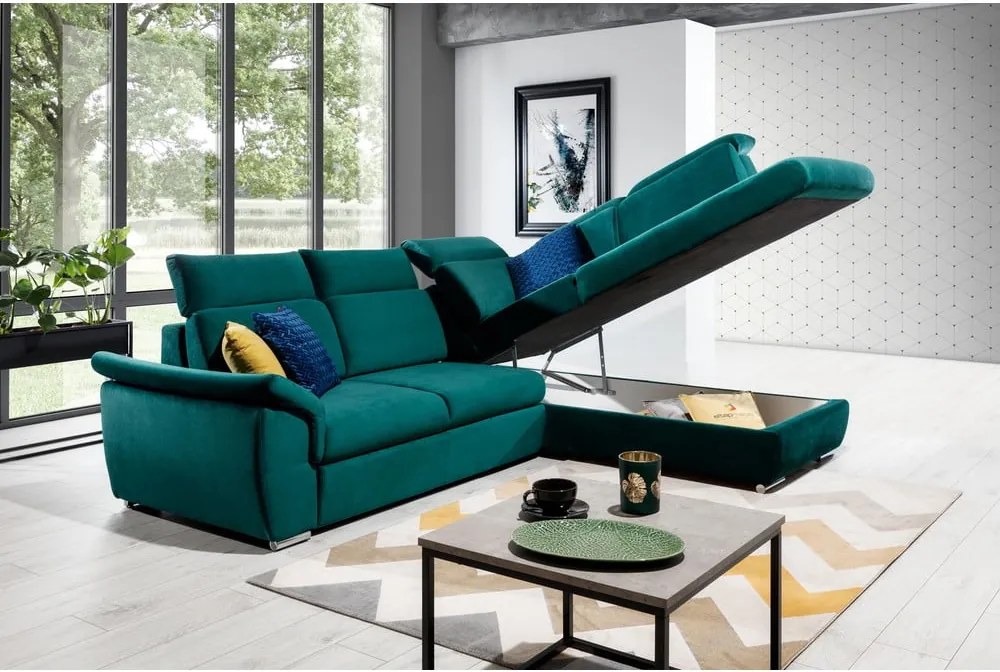 Zöld bársony kinyitható-tárolóhelyes sarokkanapé (jobb oldali-L alakú) Loreto – ELTAP