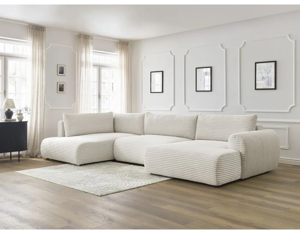 Krémszínű kordbársony kinyitható sarokkanapé (jobb oldali-U alakú) Lucien – Bobochic Paris
