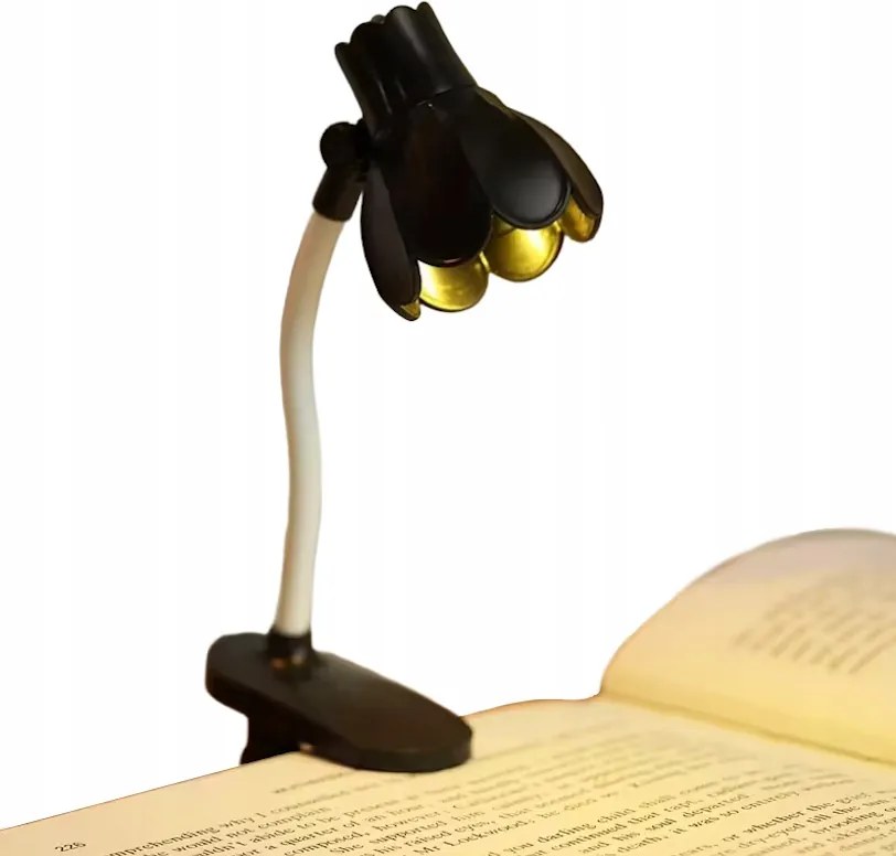 Hordozható állítható LED-es könyvlámpa csiptetővel, fekete