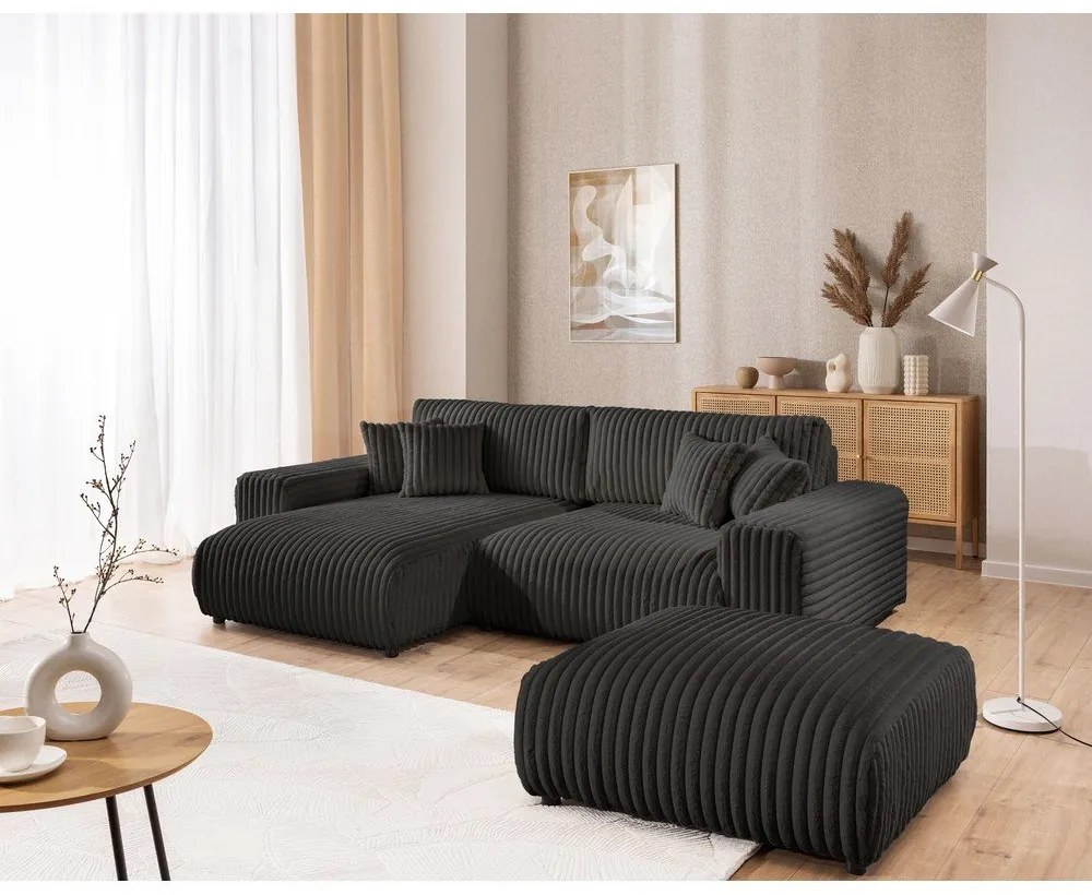 Sötétszürke kordbársony kinyitható-tárolóhelyes sarokkanapé (bal oldali) Sarina – Ropez