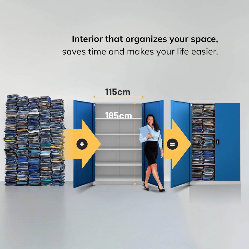 Fém iratszekrény JAN II, 1150 x 1850 x 400 mm, szürke-kék